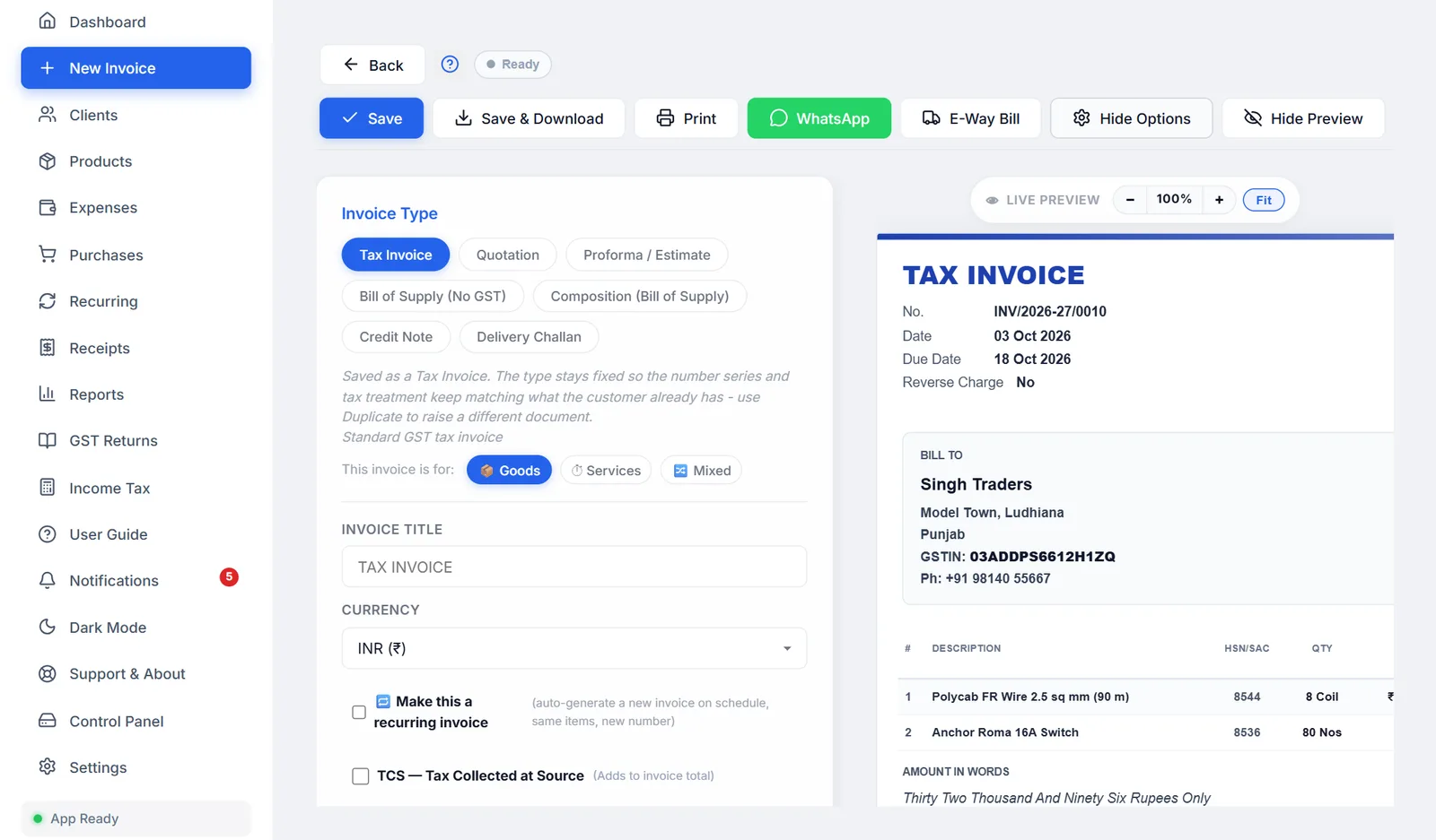 The Customize panel opens inside the Invoice Type card.
