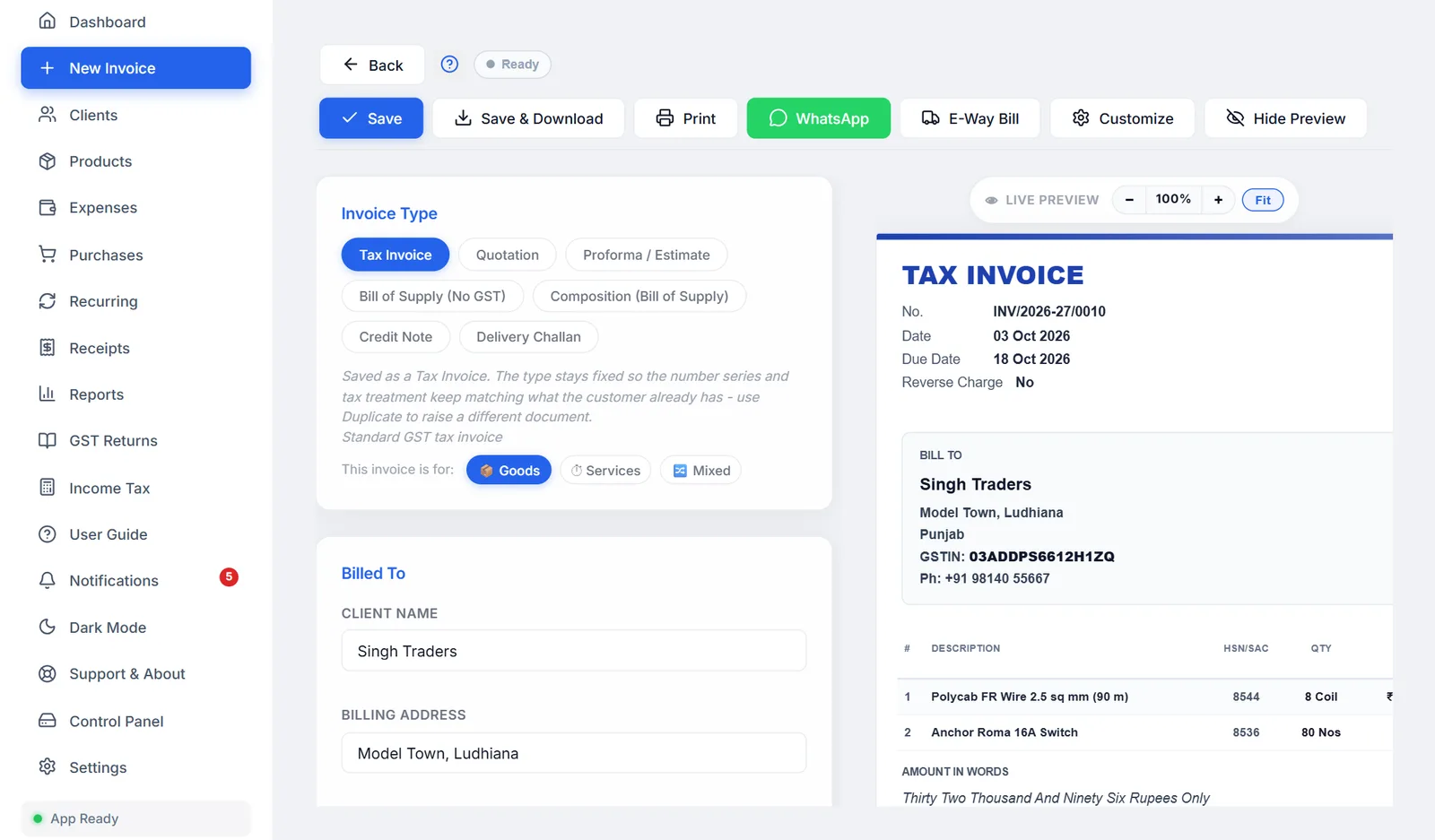 The invoice screen: the form on the left, the live preview on the right.