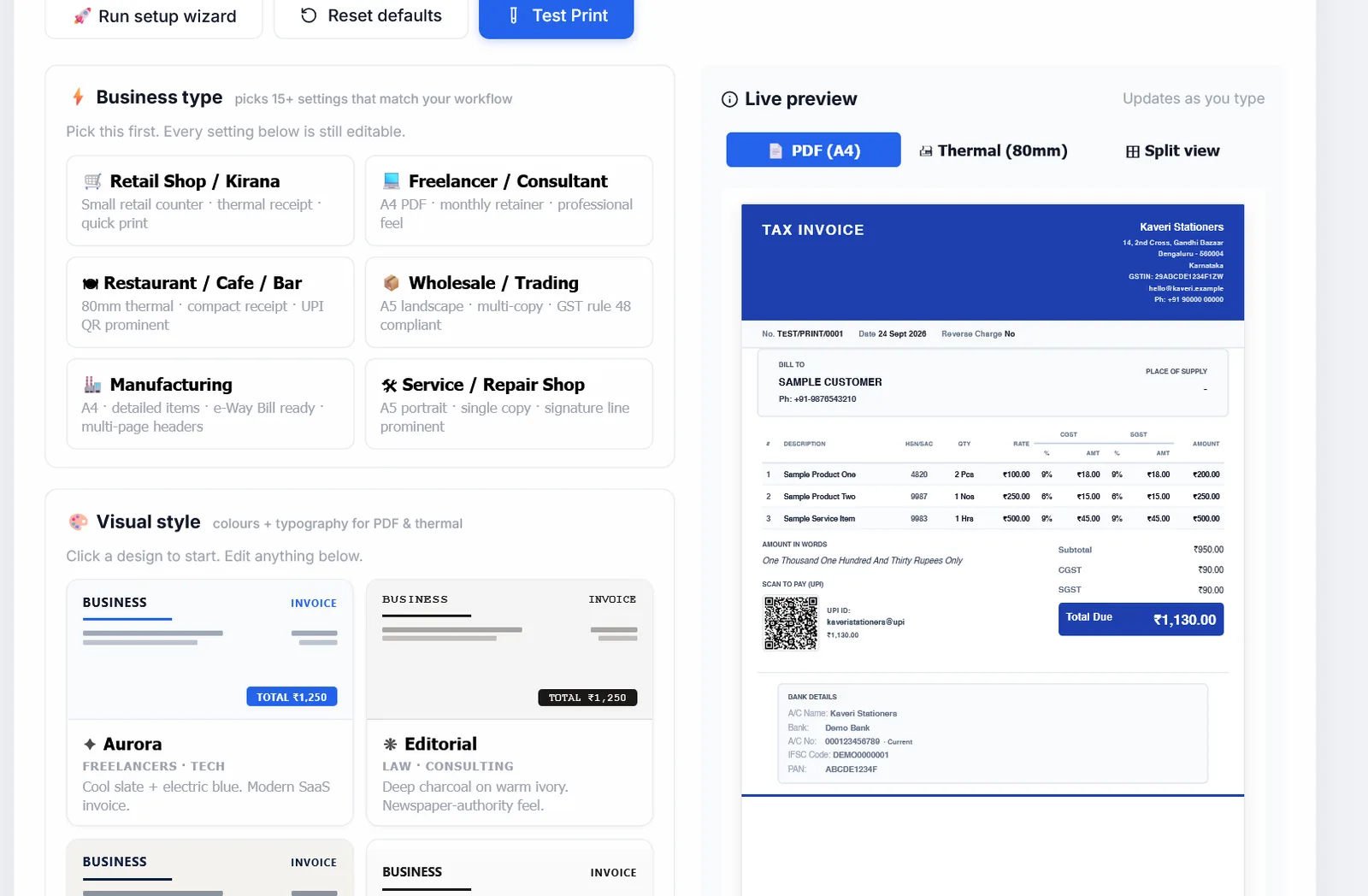 Business types, designs and the live preview.