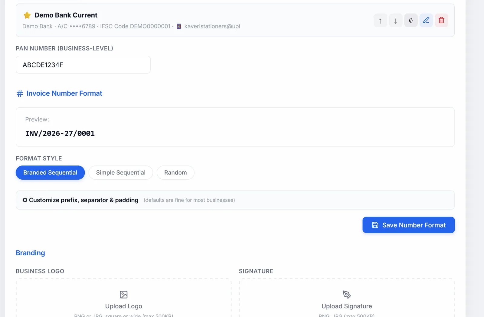 A payment account, and the invoice number format with its preview.