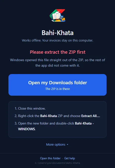 The launcher explaining that the ZIP needs to be extracted first