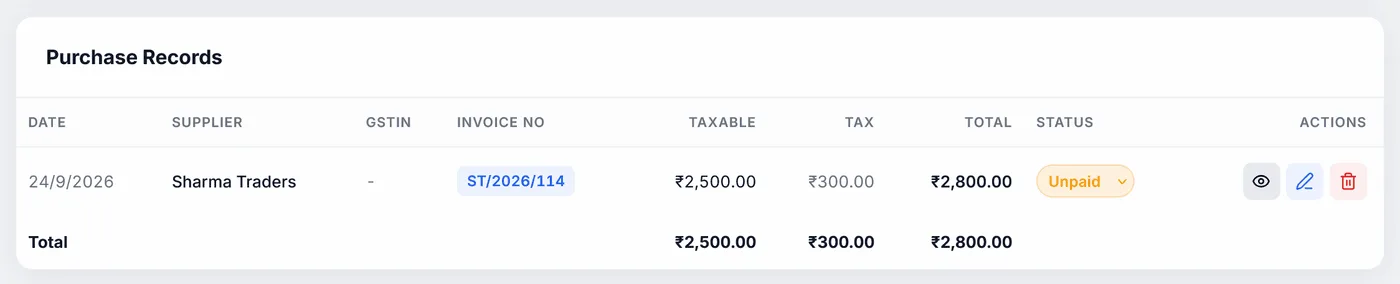 Purchase Records with a Status dropdown on each row
