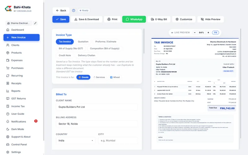 Invoice editor with a live preview of the printed bill
