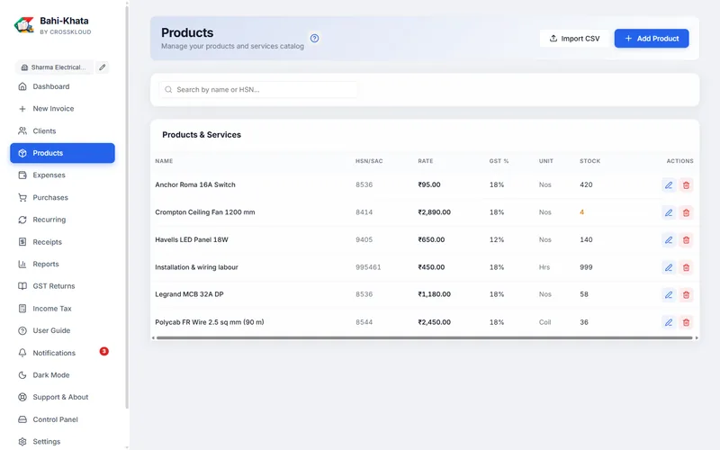 Products with HSN, GST rate and stock in hand