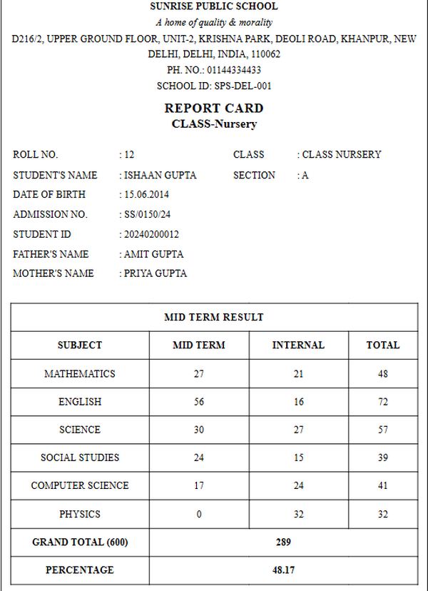 A printed A4 report card